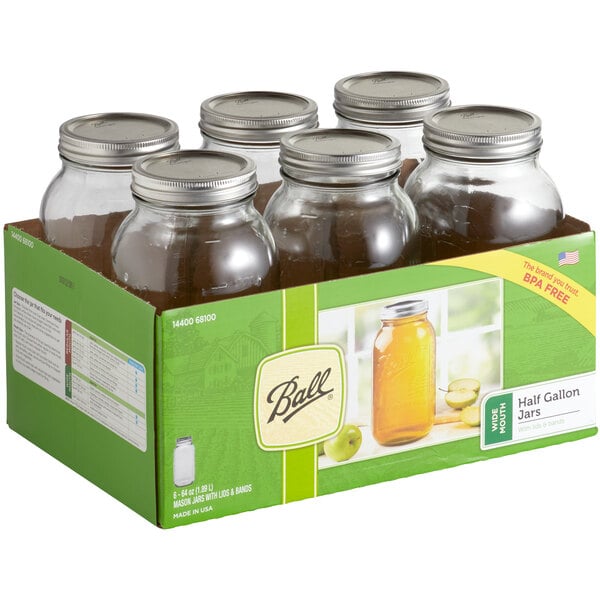 Ball 68100ZFP 64 oz. 2 Quart Wide Mouth Glass Canning Jar with Silver Metal Band and Lid - 6/Case