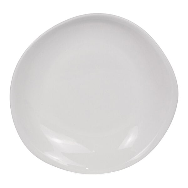 A round, bright white bowl with an organic, slightly irregular shape and a smooth, glossy finish.