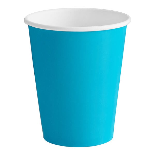 A turquoise paper cup with a white rim.