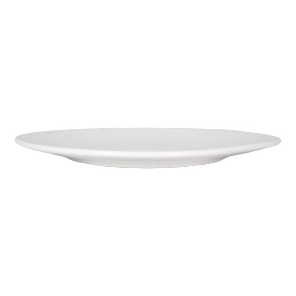 A plain, round, white plate with a slightly raised rim, viewed from the side.