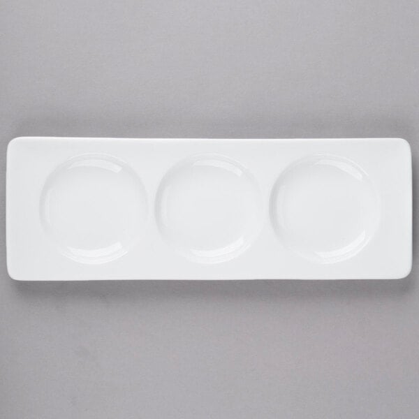 Libbey Chef's Selection II 13" x 4 5/8" Ultra Bright White Porcelain 3-Well Tray - Sample