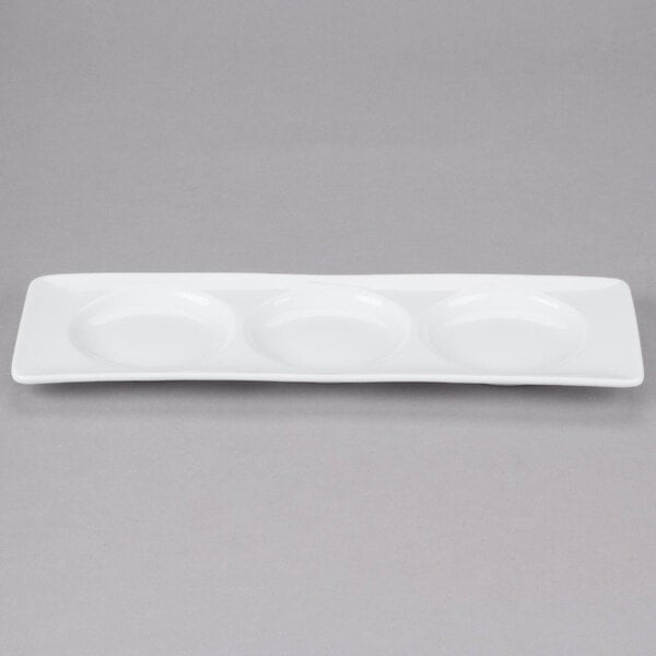 Libbey Chef's Selection II 13" x 4 5/8" Ultra Bright White Porcelain 3-Well Tray - Sample