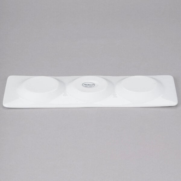 Libbey Chef's Selection II 13" x 4 5/8" Ultra Bright White Porcelain 3-Well Tray - Sample
