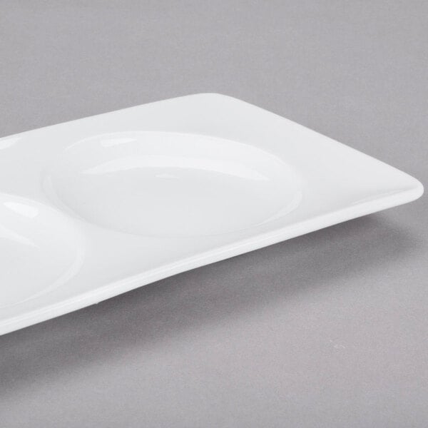 Libbey Chef's Selection II 13" x 4 5/8" Ultra Bright White Porcelain 3-Well Tray - Sample