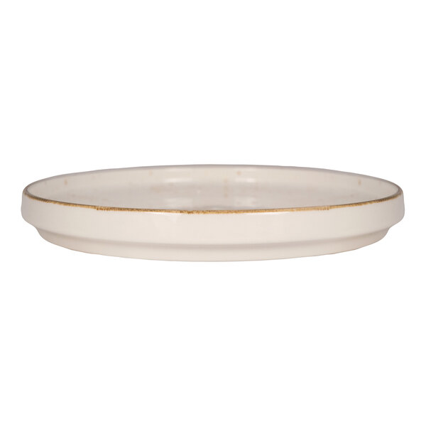 A round, cream-colored plate with a slightly raised rim and a subtle brown edge detail.