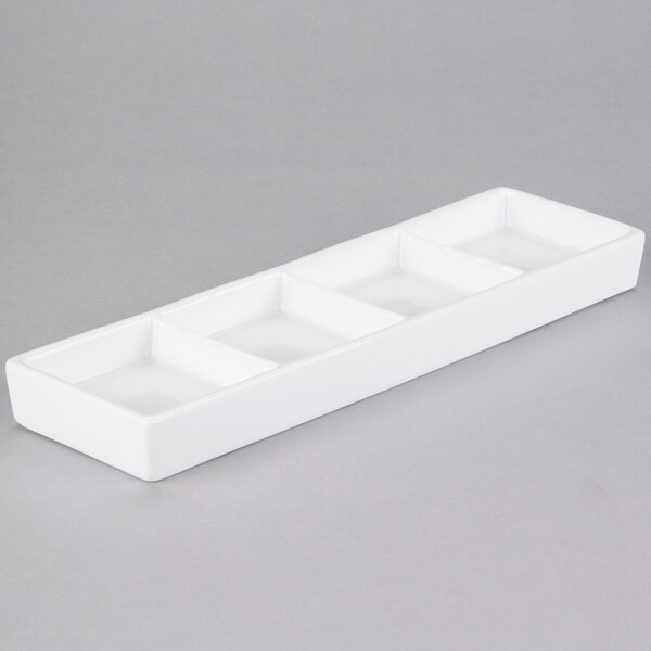 Libbey Chef's Selection II 10 5/8" x 3 1/4" Ultra Bright White Porcelain 4-Well Tray - Sample