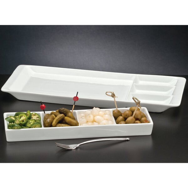 Libbey Chef's Selection II 10 5/8" x 3 1/4" Ultra Bright White Porcelain 4-Well Tray - Sample