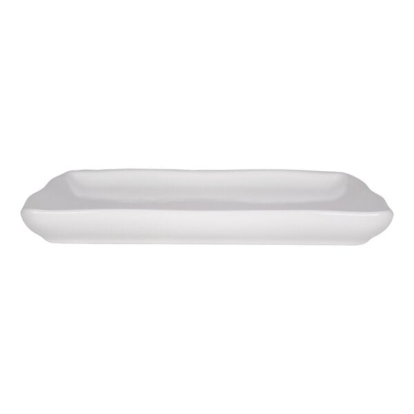 A white, square-shaped porcelain plate with slightly curved edges, shown from a side view.
