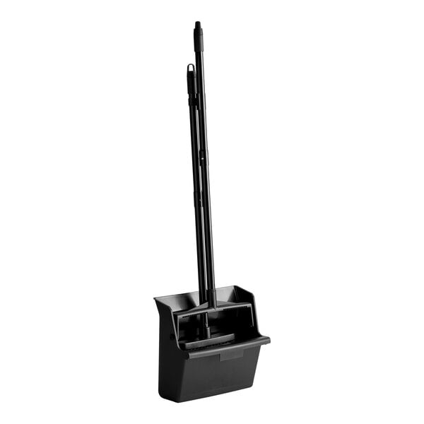 A black dustpan with an attached broom, both featuring long handles and standing upright.