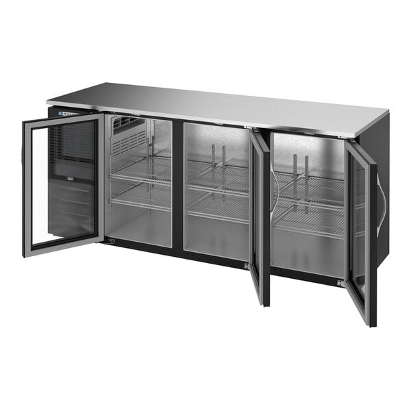 Beverage-Air BBN72HC-G-B-ALT 72" Black ADA Compliant Underbar Height Shallow Depth Glass Swing Door Back Bar Refrigerator with Right-Side Compressor