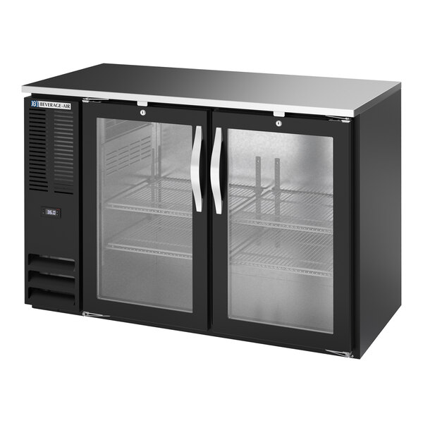 Beverage-Air BBN48HC-G-B-ALT 48" Black ADA Compliant Underbar Height Shallow Depth Glass Swing Door Back Bar Refrigerator with Right-Side Compressor