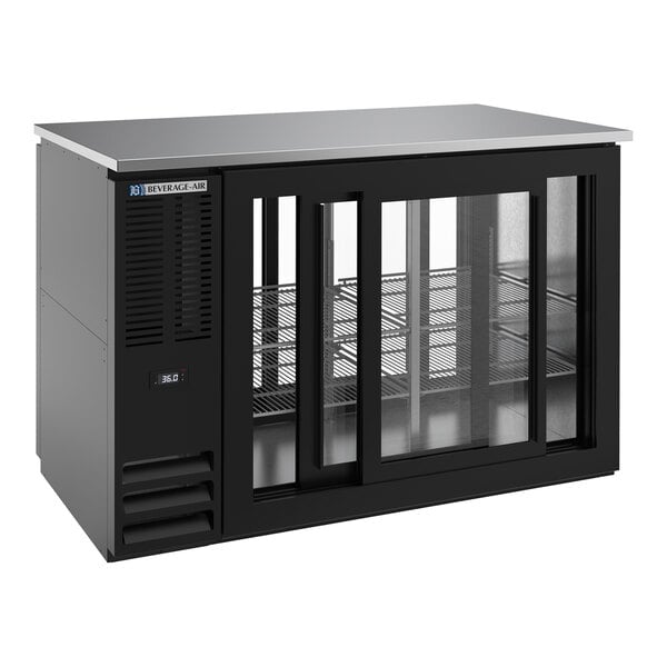 Beverage-Air BBN48HC-GS-PT-B-ALT 48" Black ADA Compliant Underbar Height Shallow Depth Pass-Thru Glass Sliding Door Back Bar Refrigerator with Right-Side Compressor