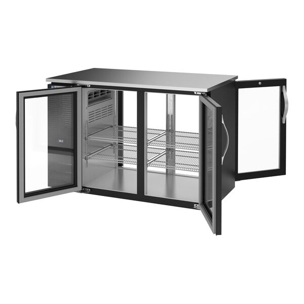 Beverage-Air BBN48HC-G-PT-B-ALT 48" Black ADA Compliant Underbar Height Shallow Depth Pass-Thru Glass Swing Door Back Bar Refrigerator with Right-Side Compressor