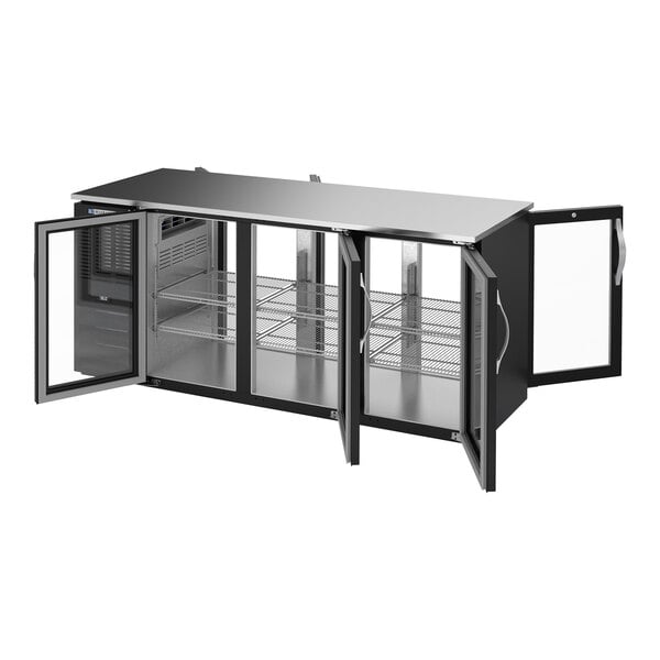 Beverage-Air BBN72HC-G-PT-B-ALT 72" Black ADA Compliant Underbar Height Shallow Depth Pass-Thru Glass Swing Door Back Bar Refrigerator with Right-Side Compressor