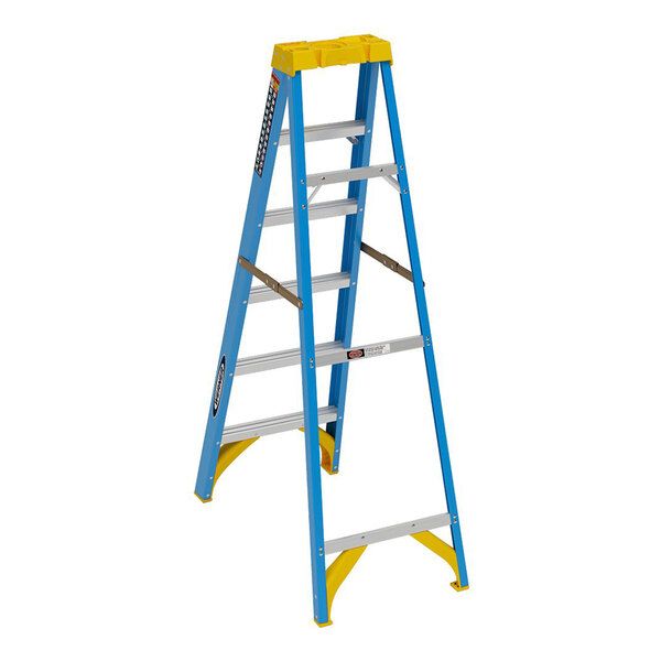 Werner 6000 Series 6' Blue / Yellow Type I 5-Step Fiberglass Step Ladder 6006