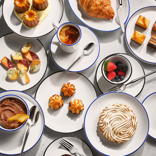 Libbey Porcelana Linea 7 oz. Bright White Porcelain Bouillon Bowl with Black Band - 36/Case