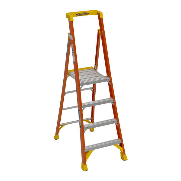 Werner PD6200 Series 10' Orange / Yellow Type IA Fiberglass Podium Ladder PD6204