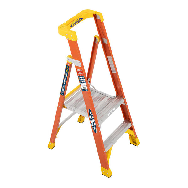 Werner PD6200 Series 8' Orange / Yellow Type IA Fiberglass Podium Ladder PD6202