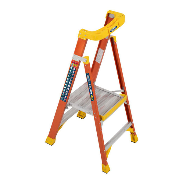 Werner PD6200 Series 8' Orange / Yellow Type IA Fiberglass Podium Ladder PD6202