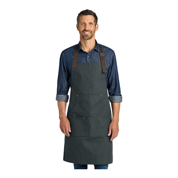 Port Authority A903 Heavy-Duty Canvas Charcoal Gray Bib Apron with Towel Loop