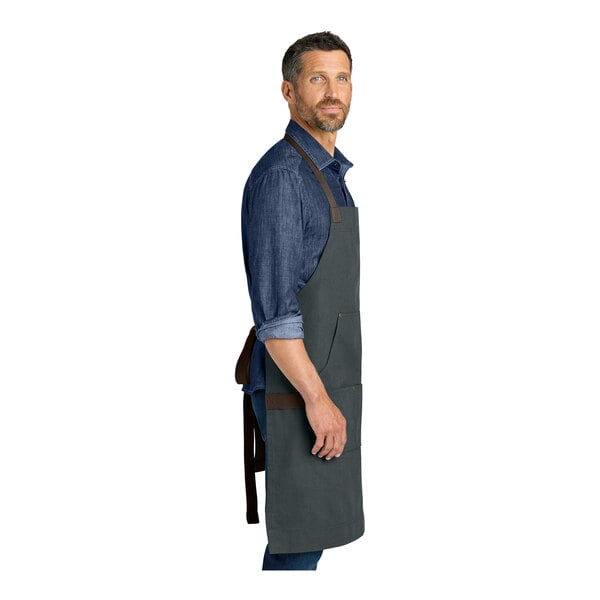 Port Authority A903 Heavy-Duty Canvas Charcoal Gray Bib Apron with Towel Loop