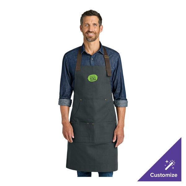Port Authority A903 Customizable Heavy-Duty Canvas Charcoal Gray Bib Apron with Towel Loop