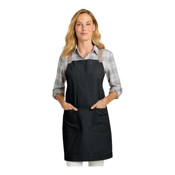 Port Authority A902 Deep Black Cotton Cross-Back Bib Apron with Towel Loop