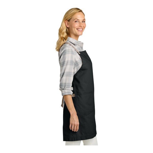 Port Authority A902 Deep Black Cotton Cross-Back Bib Apron with Towel Loop