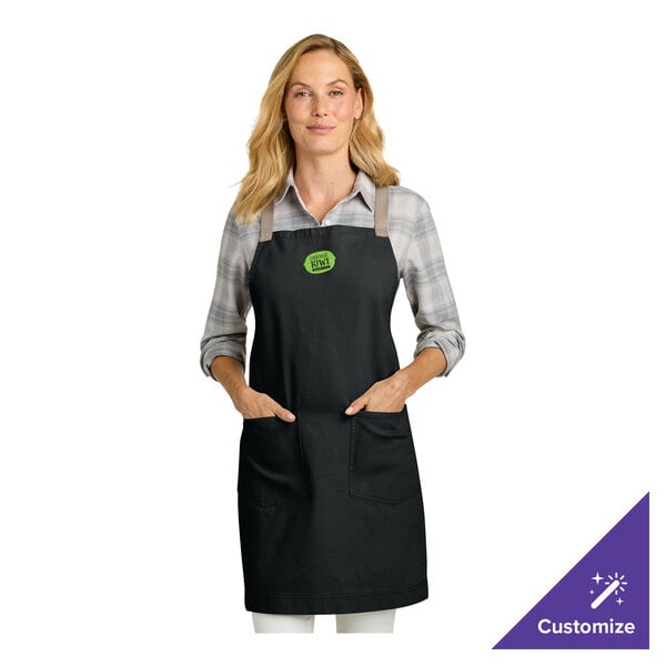 Port Authority A902 Deep Customizable Black Cotton Cross-Back Bib Apron with Towel Loop