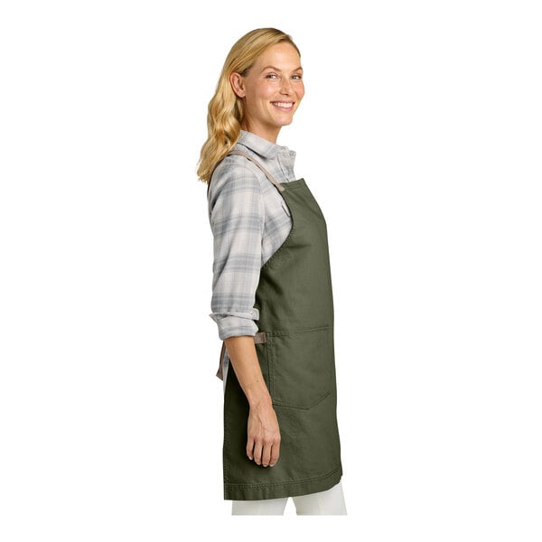 Port Authority A902 Olive Green Cotton Cross-Back Bib Apron with Towel Loop
