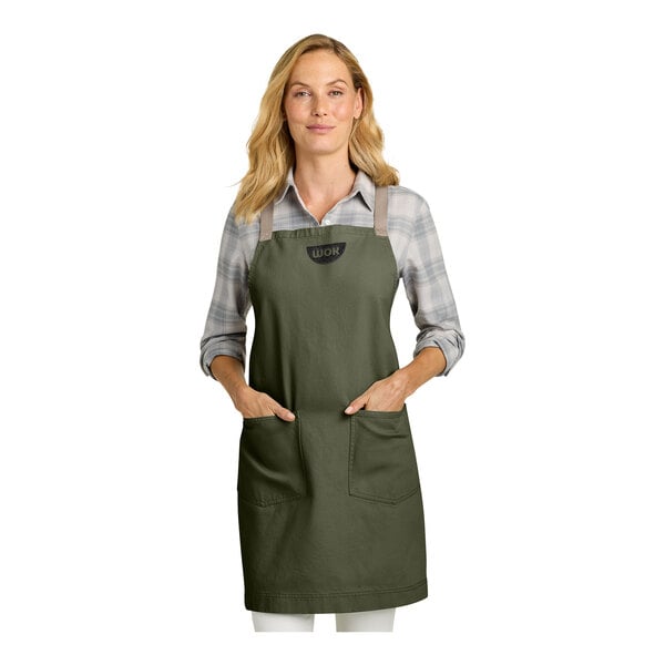Port Authority A902 Customizable Olive Green Cotton Cross-Back Bib Apron with Towel Loop