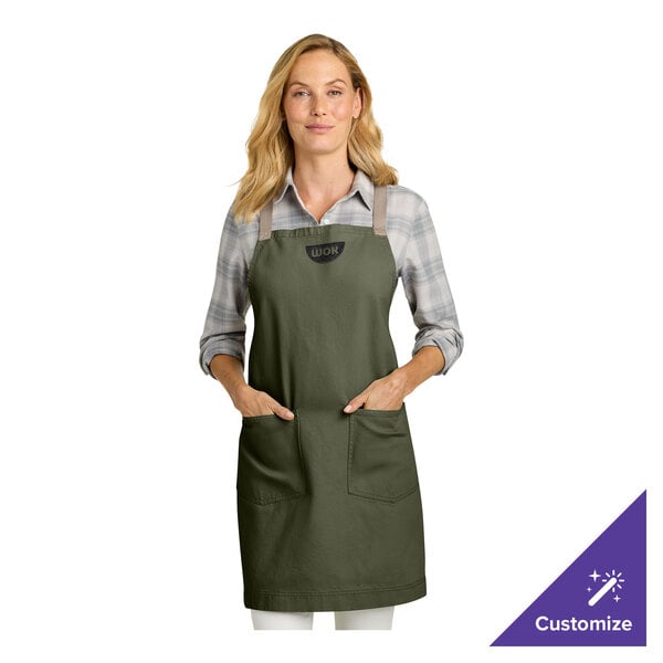 Port Authority A902 Customizable Olive Green Cotton Cross-Back Bib Apron with Towel Loop