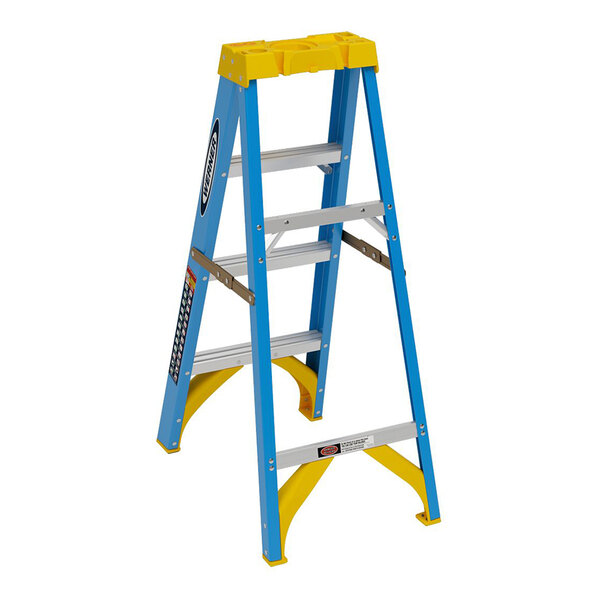 Werner 6000 Series 4' Blue / Yellow Type I 3-Step Fiberglass Step Ladder 6004
