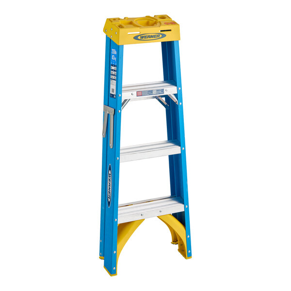 Werner 6000 Series 4' Blue / Yellow Type I 3-Step Fiberglass Step Ladder 6004