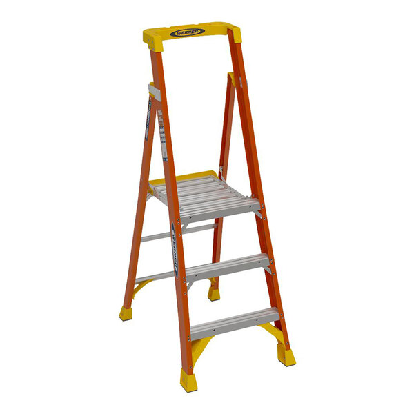 Werner PD6200 Series 9' Orange / Yellow Type IA Fiberglass Podium Ladder PD6203