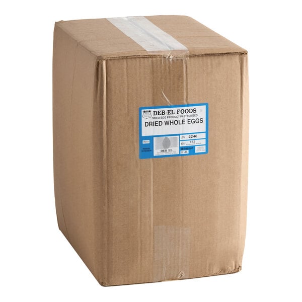 A large brown cardboard box with a blue and white label indicating it contains dried whole eggs.