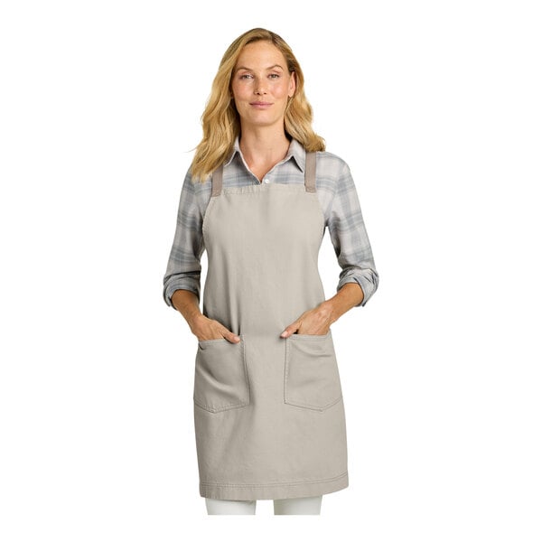 Port Authority A902 Sahara Gray Cotton Cross-Back Bib Apron with Towel Loop
