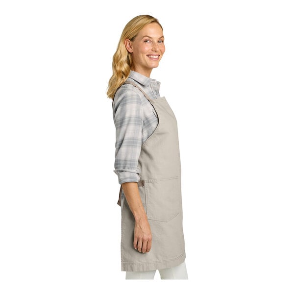 Port Authority A902 Sahara Gray Cotton Cross-Back Bib Apron with Towel Loop