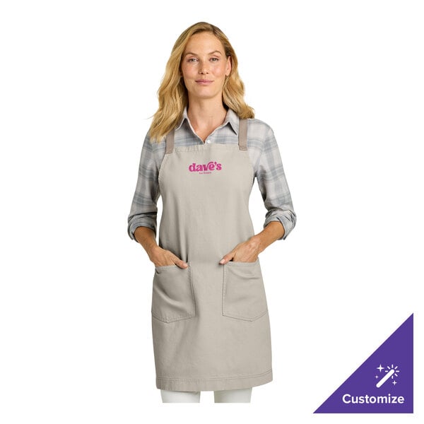 Port Authority A902 Customizable Sahara Gray Cotton Cross-Back Bib Apron with Towel Loop