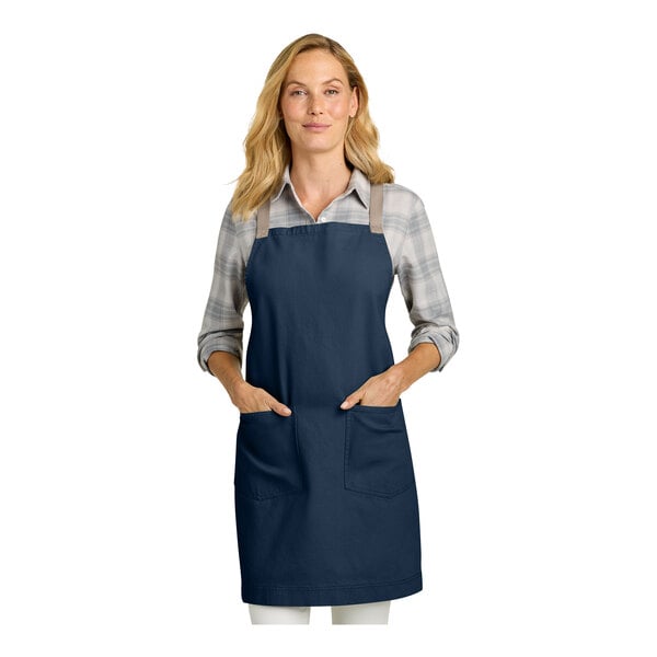 Port Authority A902 Navy Cotton Cross-Back Bib Apron with Towel Loop