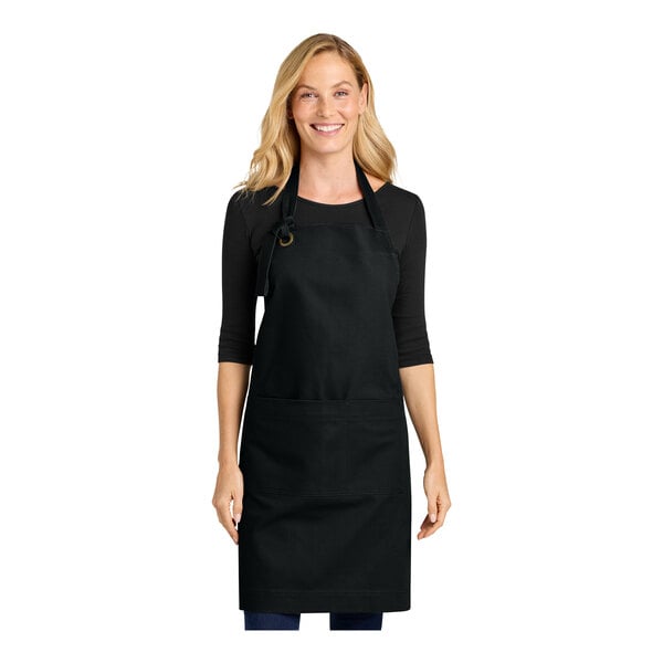 Port Authority A900 Black Cotton Bib Apron with Brass Grommet