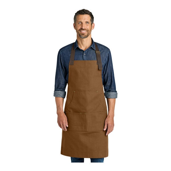 Port Authority A903 Heavy-Duty Canvas Duck Brown Bib Apron with Towel Loop