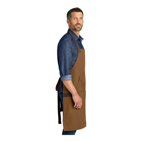 Port Authority A903 Heavy-Duty Canvas Duck Brown Bib Apron with Towel Loop