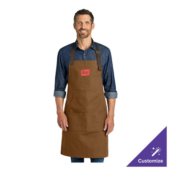 Port Authority A903 Customizable Heavy-Duty Canvas Duck Brown Bib Apron with Towel Loop