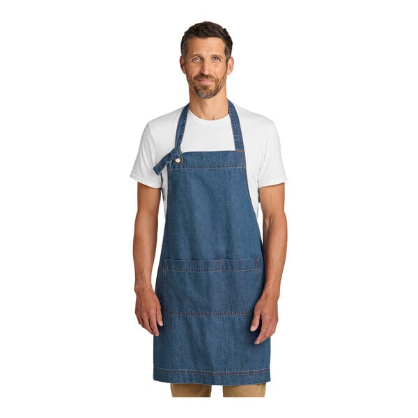 Port Authority A901 Light Denim Cotton Bib Apron with Brass Grommet