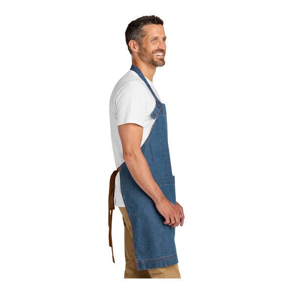 Port Authority A901 Light Denim Cotton Bib Apron with Brass Grommet