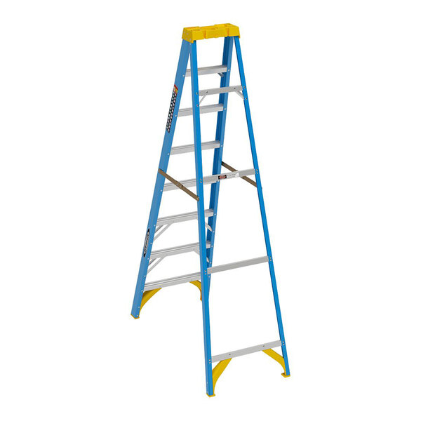 Werner 6000 Series 8' Blue / Yellow Type I 7-Step Fiberglass Step Ladder 6008