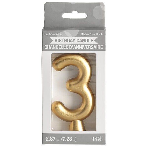 Creative Converting 3" Gold "3" Candle - 12/Case