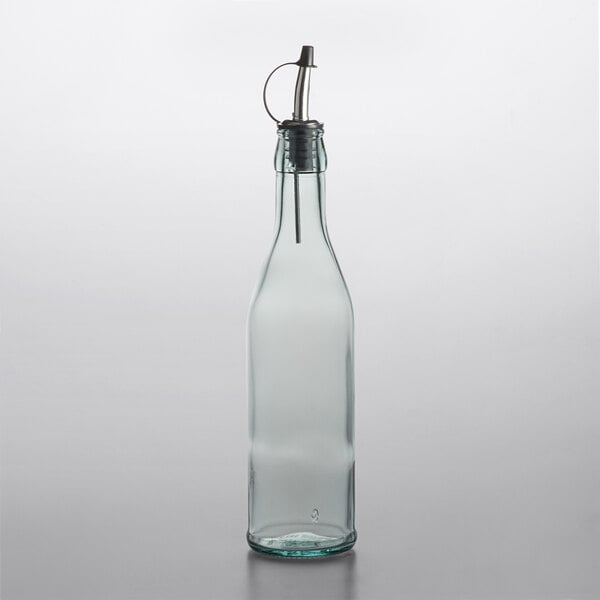 TableCraft 17 oz. Green-Tinted Glass Oil Cruet with Stainless Steel Pourer - 6/Case