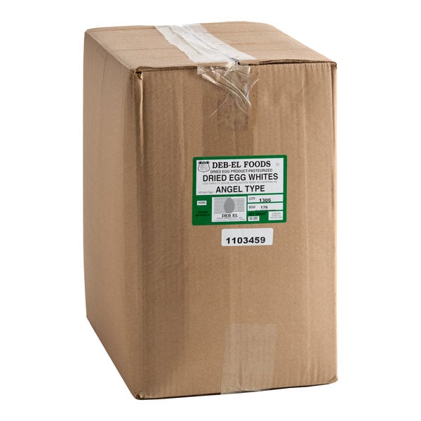 A large brown cardboard box with a green and white label indicating it contains dried egg whites, angel type, from Deb-El Foods.